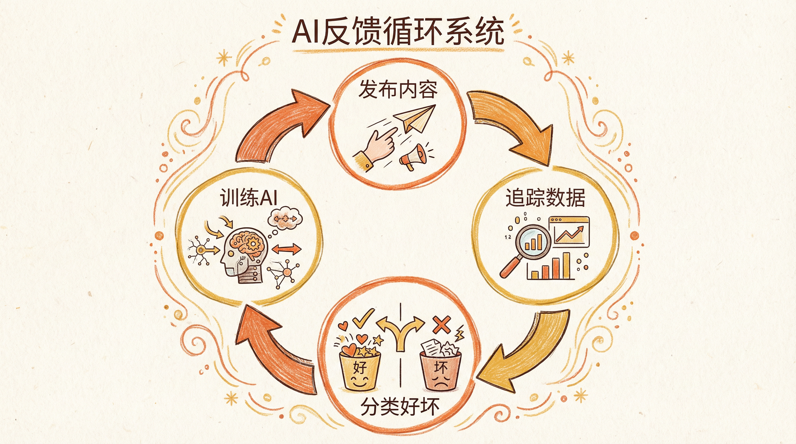 反馈循环：发布内容 → 追踪数据 → 分类好坏 → 训练Claude → 生成更好的内容