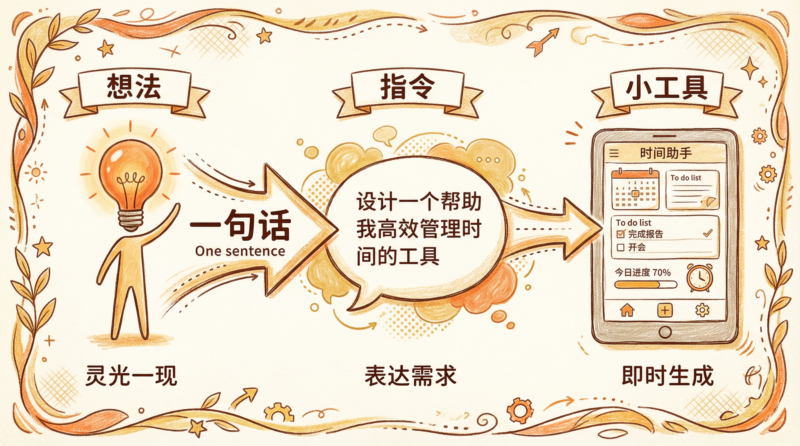 从想法到工具：一个想法 → 一句话提示 → Claude生成完整小程序