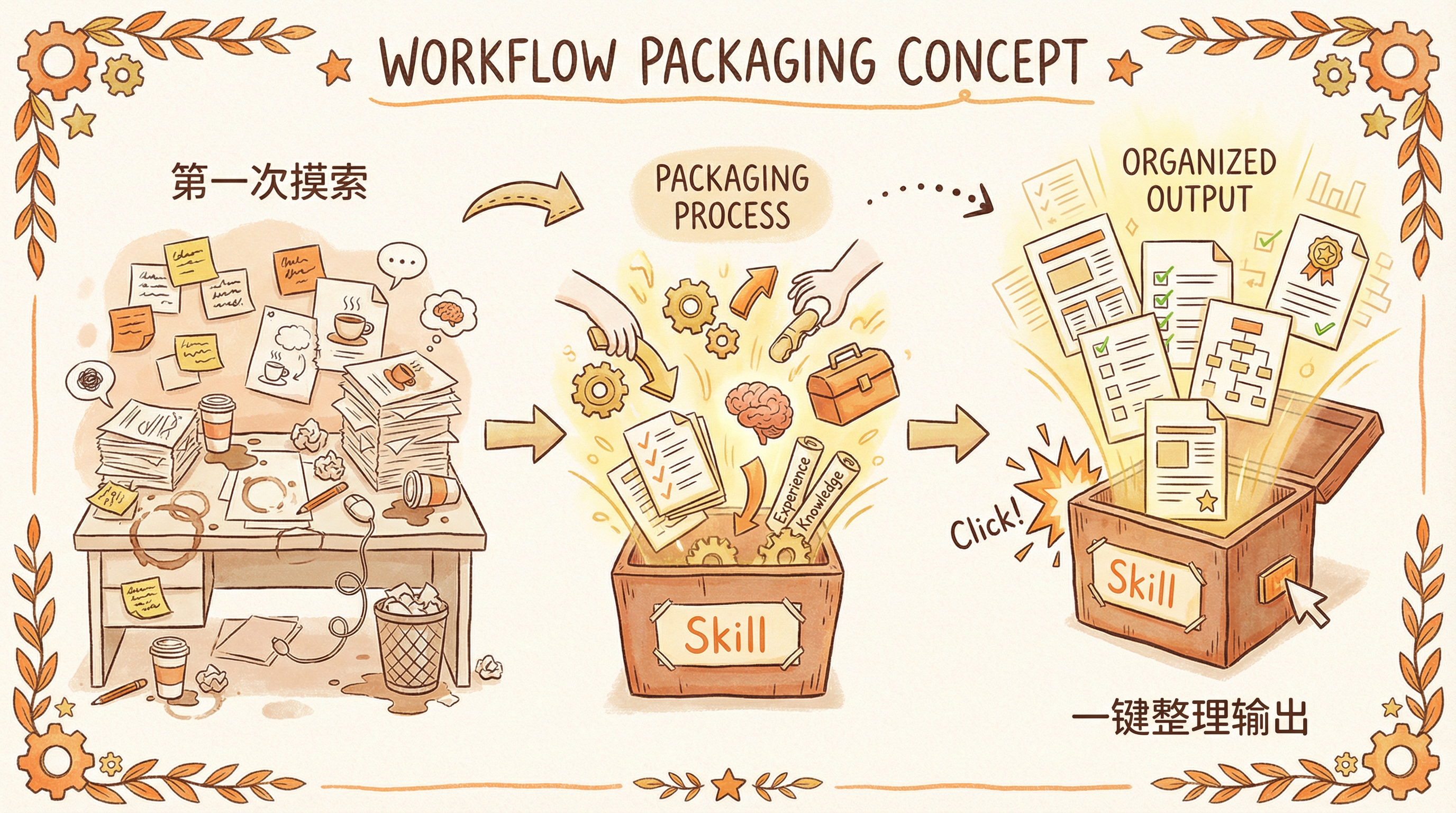 Skill打包流程：散乱的摸索经验 → 整理成Skill → 一键调用复用