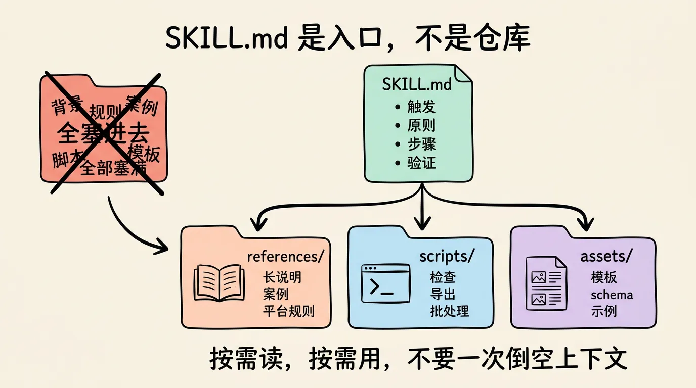SKILL.md 是入口，不是仓库