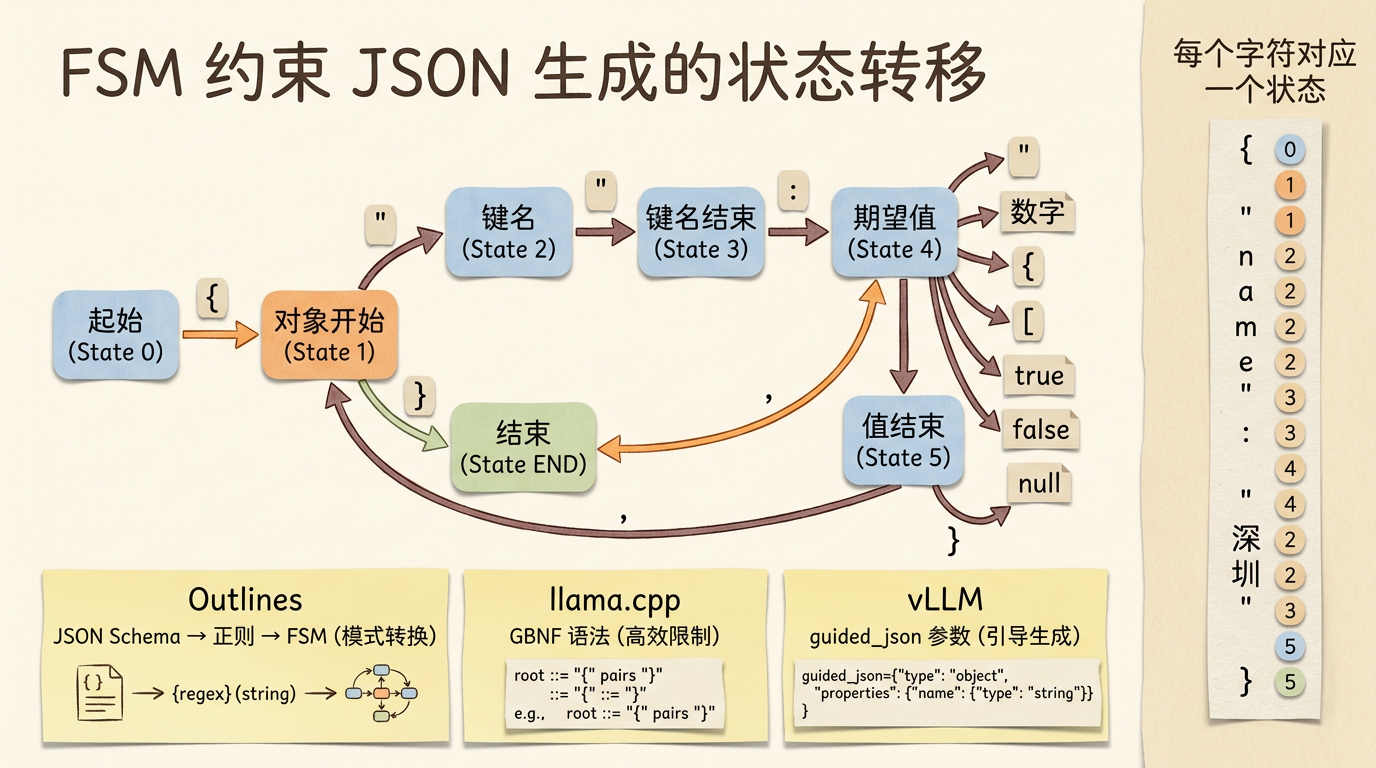 FSM 约束 JSON 生成的状态转移