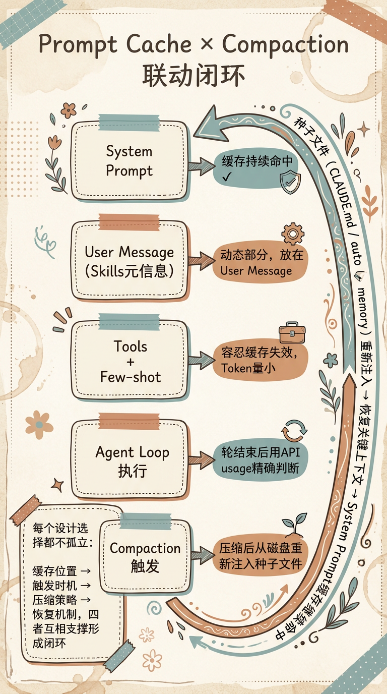 Prompt Cache与Compaction的关系：稳定部分保缓存，动态部分容忍失效