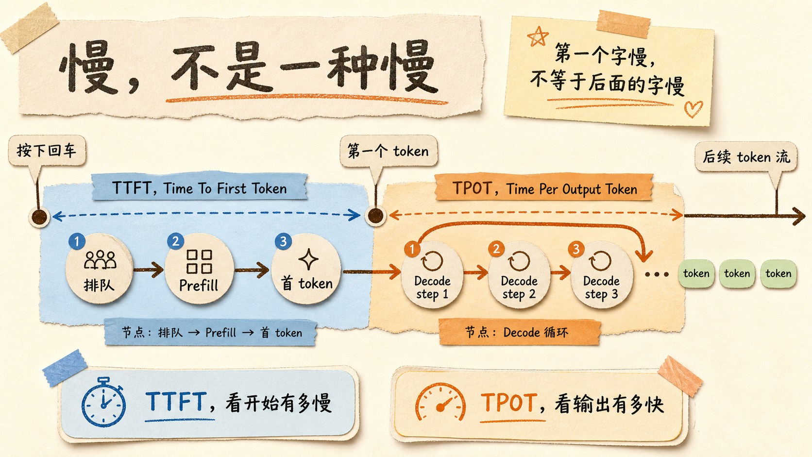 一张横向时间轴，左侧是用户按下回车，中间标出排队、Prefill、首 token，右侧标出 Decode 循环和多个输出 token，用不同颜色区分 TTFT 和 TPOT
