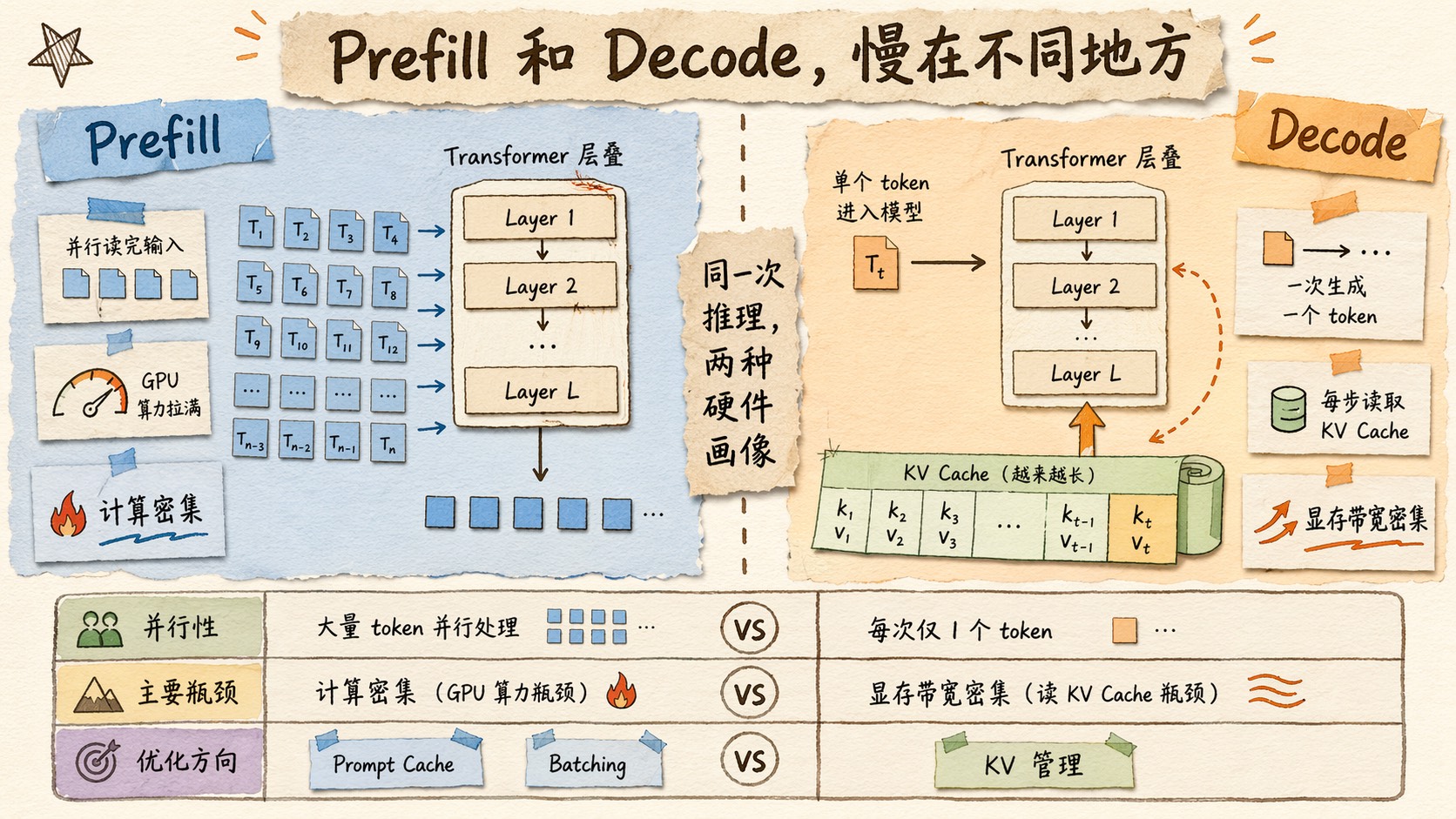 左侧 Prefill 显示大量输入 token 并行进入 GPU，标注计算密集；右侧 Decode 显示单 token 循环读取不断增长的 KV Cache，标注显存带宽密集