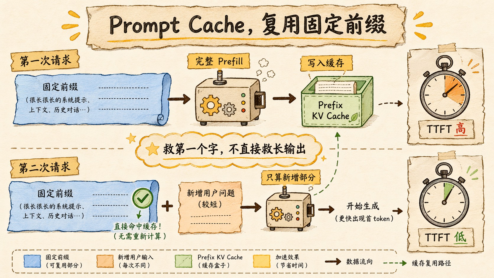 一个 Agent 请求的固定前缀被标为可缓存，第一次请求执行完整 Prefill，第二次请求命中缓存，只处理新增用户输入，首 token 明显提前