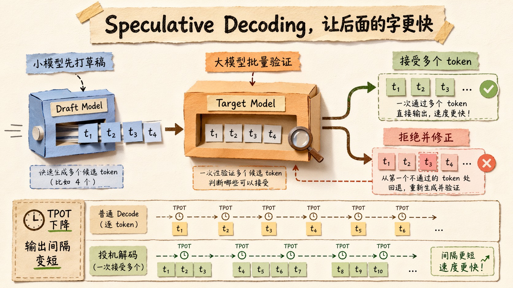 小 draft model 先生成多个候选 token，大 target model 一次性验证，部分 token 被接受，时间轴上显示输出 token 间隔缩短