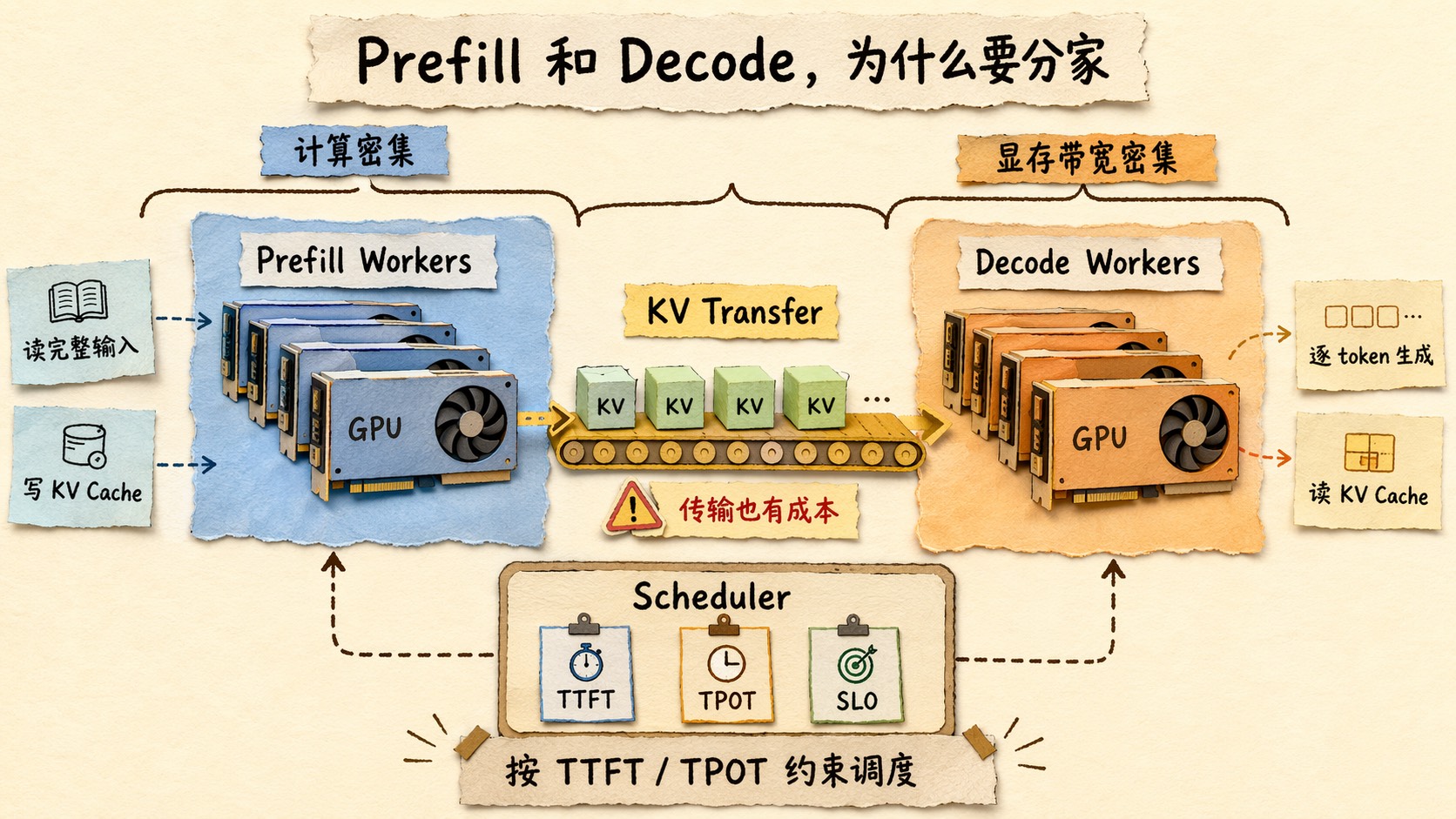 两组 GPU 池，左侧 Prefill workers 处理长输入并产生 KV Cache，右侧 Decode workers 接收 KV Cache 后持续生成 token，中间标出 KV transfer 和调度器