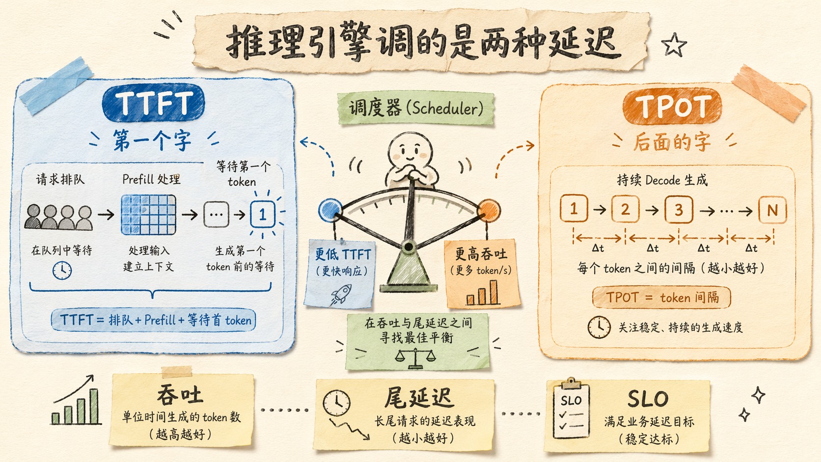 Prefill 和 Decode 的 TTFT / TPOT 目标卡片,旁边是调度器在吞吐和尾延迟之间做取舍
