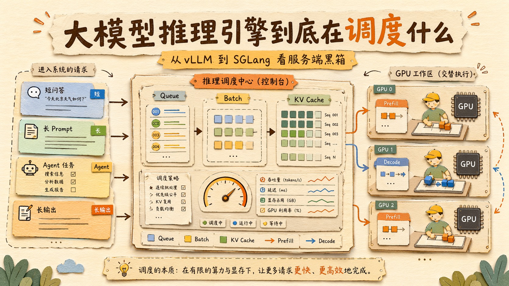 一个推理调度中心像操作系统一样管理 GPU、队列、KV Cache、batch 和请求流,暖色纸艺风