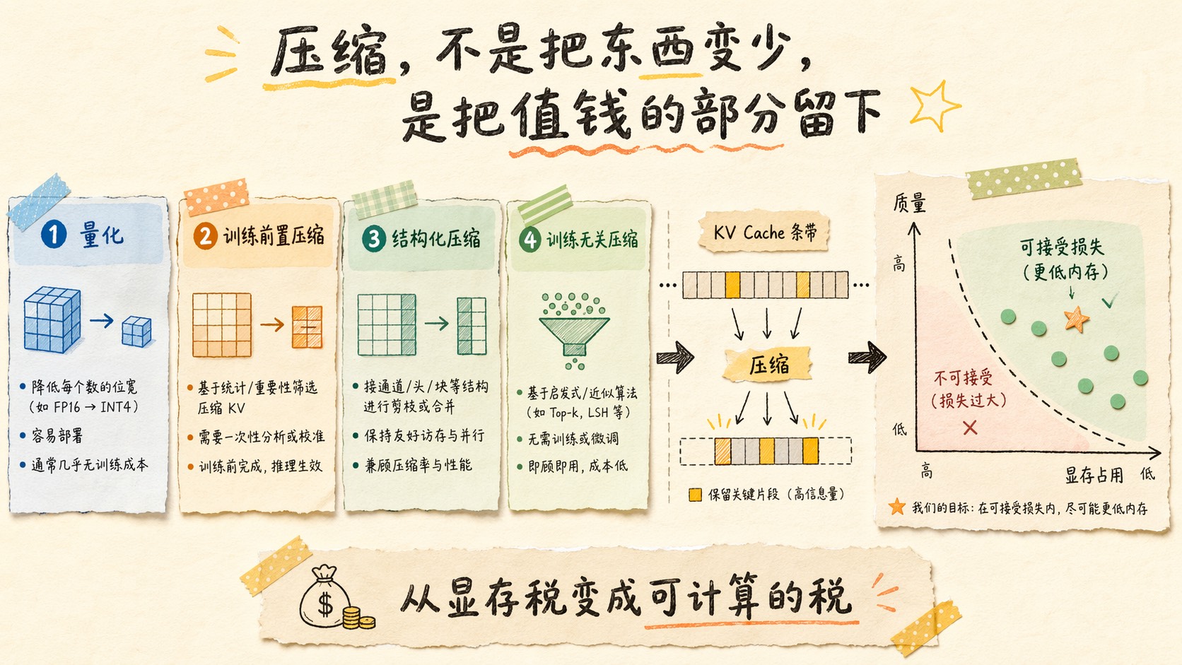 压缩栈把 KV Cache 的值钱部分留下,量化、训练前置压缩、结构化压缩、训练无关压缩四种方法并列展示