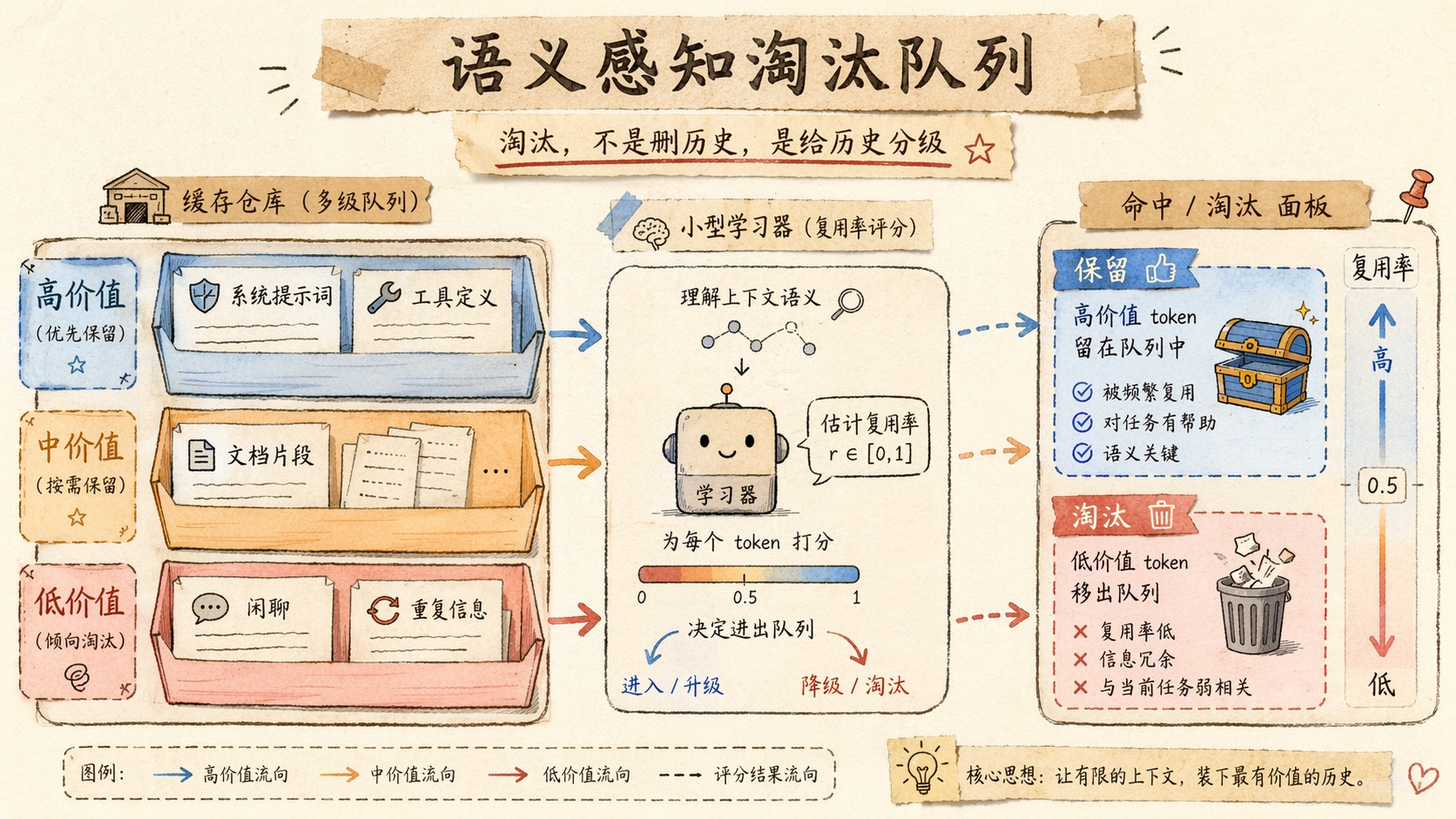 缓存队列按价值分层,系统提示词、工具定义、文档片段、闲聊片段被分到不同优先级箱子里