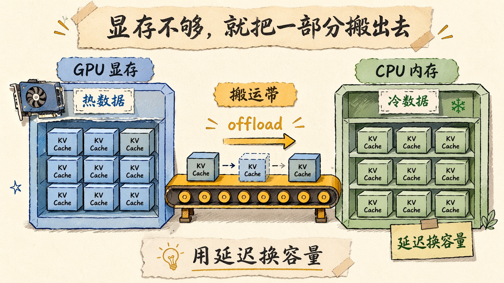 显存不够时把部分 KV Cache 搬到 CPU,GPU 和 CPU 之间通过搬运带宽做容量接力