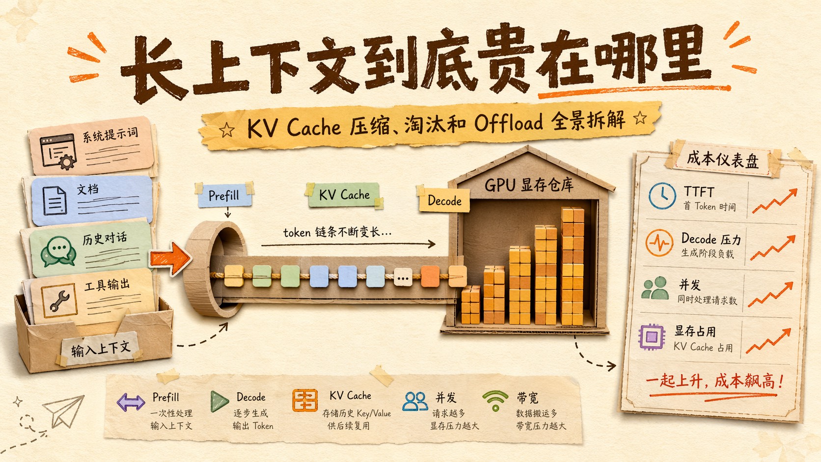 一条不断延长的上下文账单链条,GPU 显存像仓库一样被 KV Cache 逐层填满,暖色纸艺风