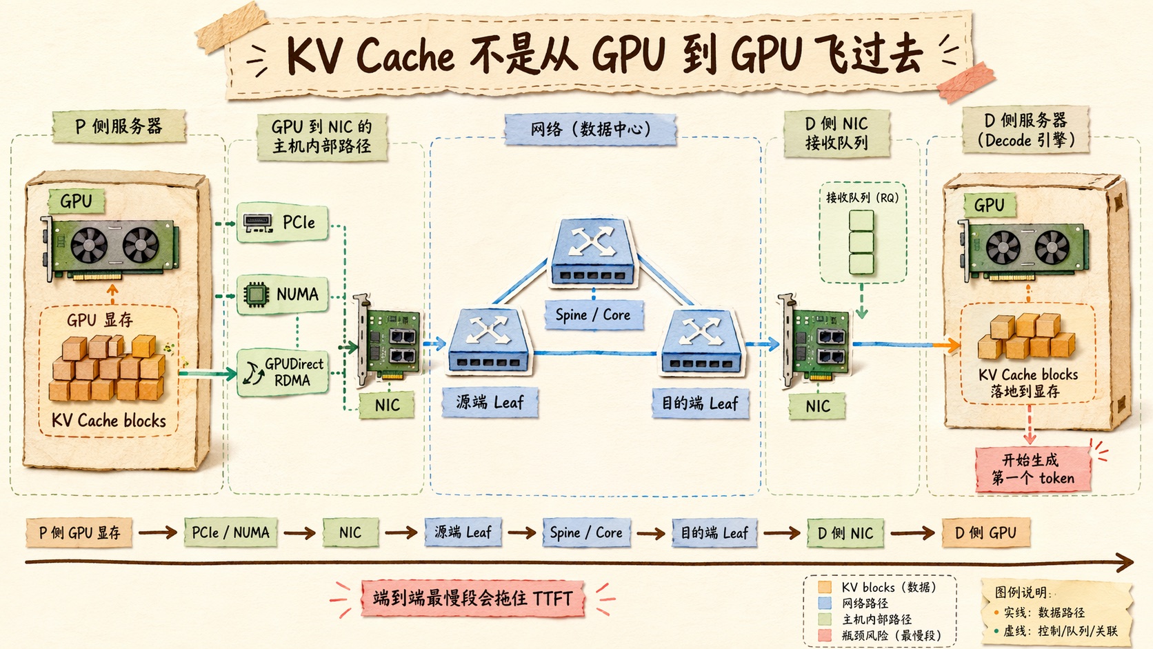 KV Cache 端到端搬运路径:P 侧 GPU 显存经过 PCIe、NUMA、NIC、源端 Leaf、Spine/Core、目的端 Leaf,最后进入 D 侧 GPU