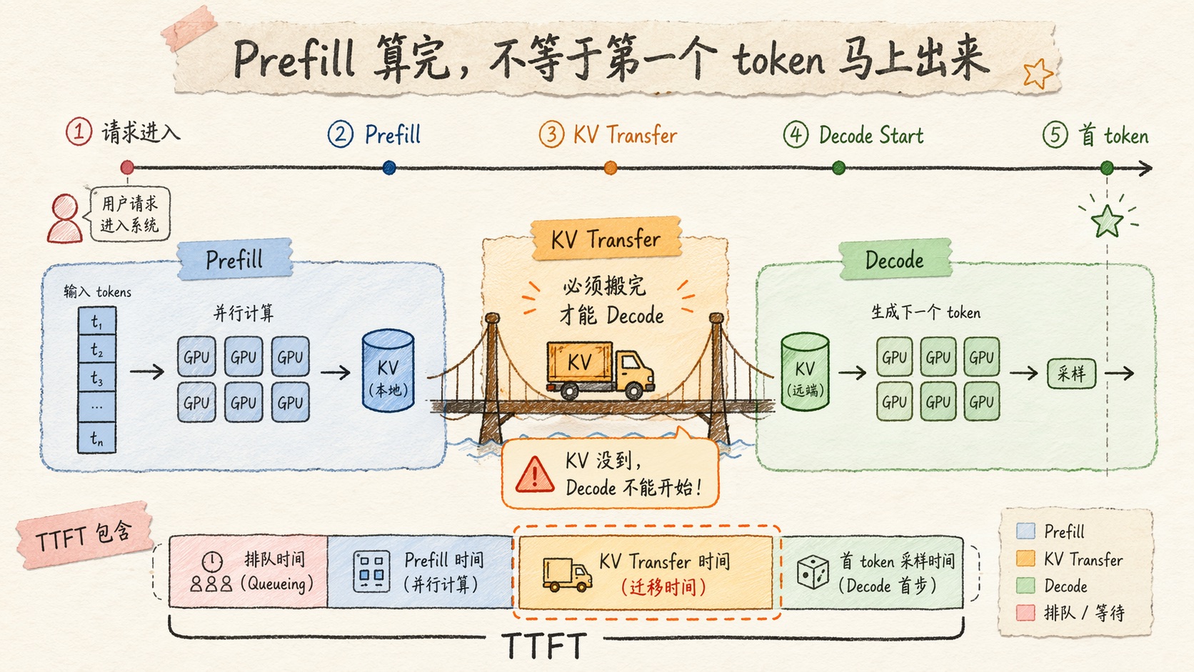 TTFT 时间轴:用户请求进入后经过 Prefill、KV Transfer、Decode Start,KV 没到之前第一个 token 无法生成