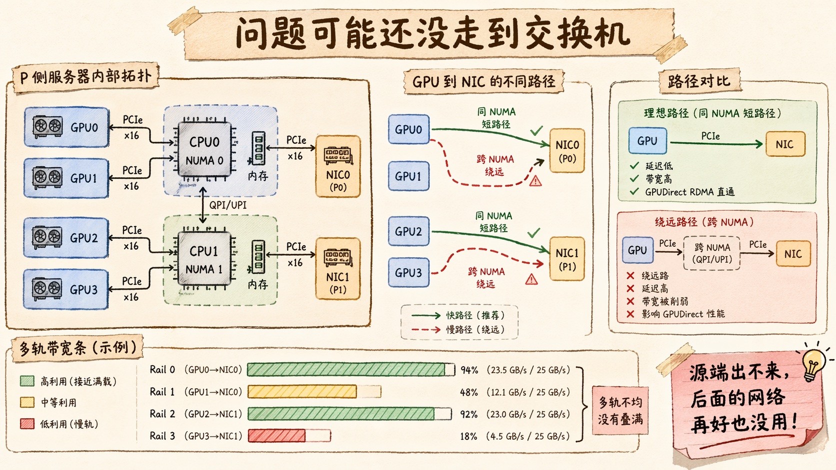 源端主机内部瓶颈:GPU 到 NIC 的 PCIe、NUMA、GPUDirect RDMA 路径不一致,多轨带宽没有真正叠加