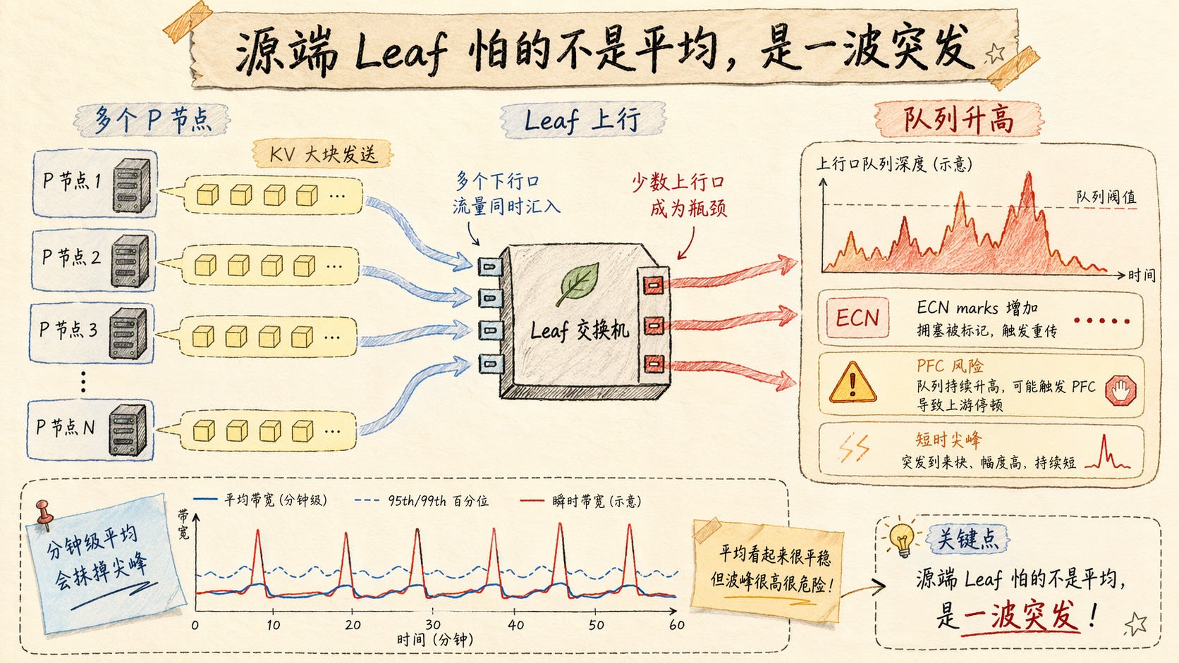 源端 Leaf 上行突发汇聚:多个 P 节点同时发送 KV blocks,Leaf 上行口队列升高,出现 ECN 和 PFC 风险