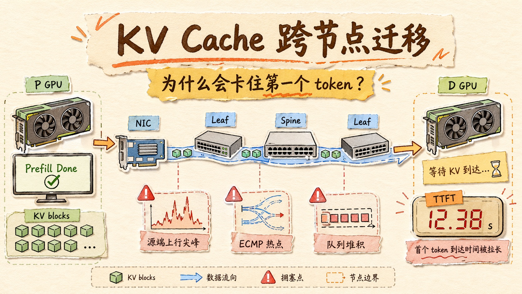KV Cache 跨节点迁移链路:P 侧 GPU 里的 KV blocks 经过 NIC、Leaf、Spine 到达 D 侧 GPU,TTFT 计时器被迁移链路拖长