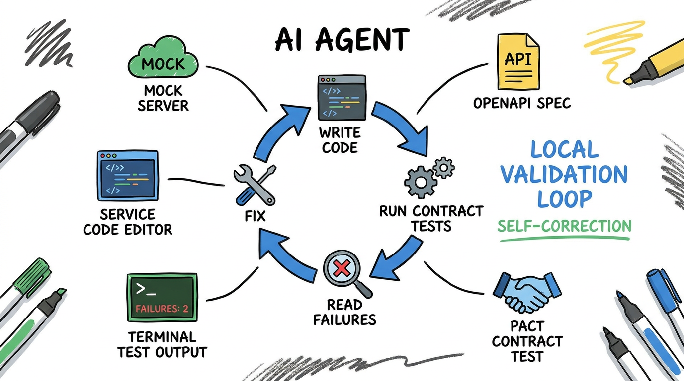 Agent 在本地工作台中循环执行 write-test-fix，旁边是 mock server、OpenAPI spec、contract tests 和测试失败日志