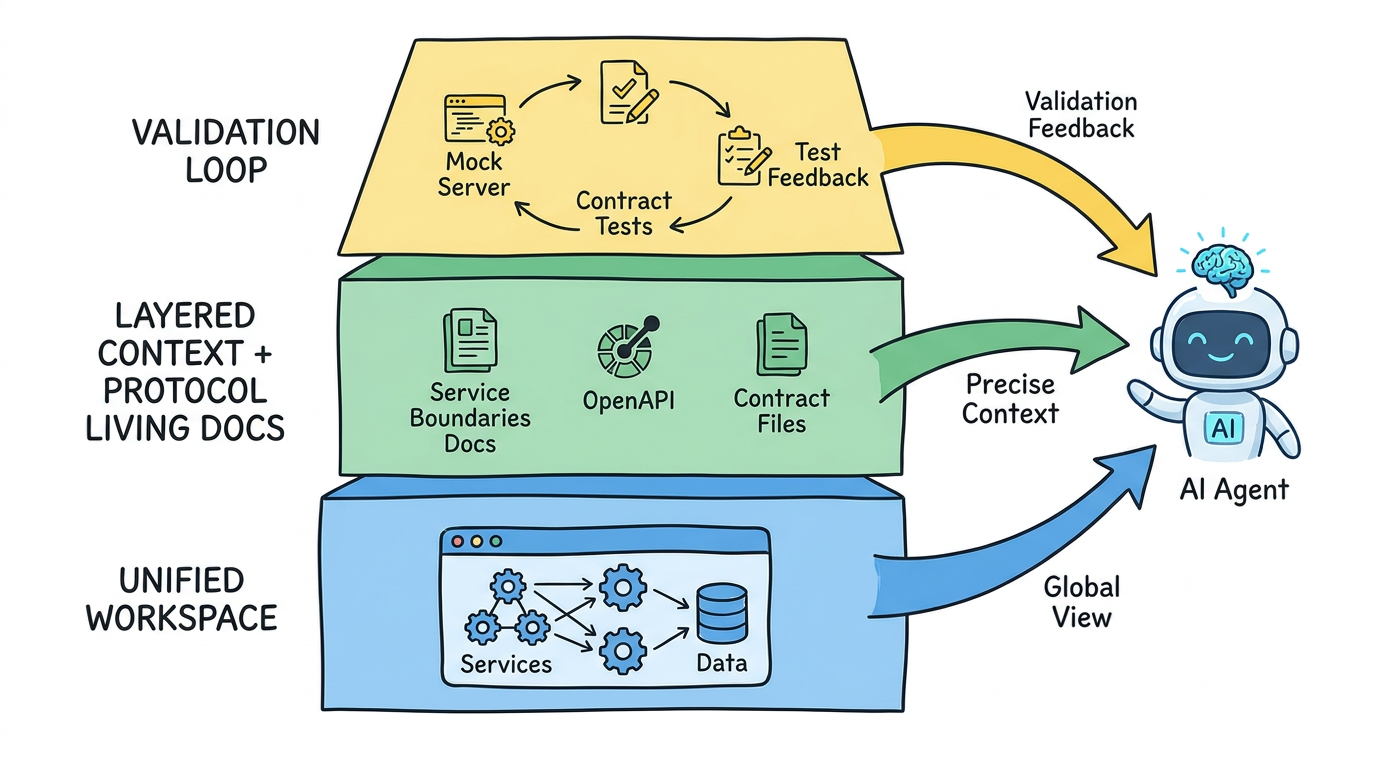 三层 Agent 微服务工程体系，底层统一 workspace，中层分层上下文和协议活文档，上层 mock server 与 contract test 验证闭环
