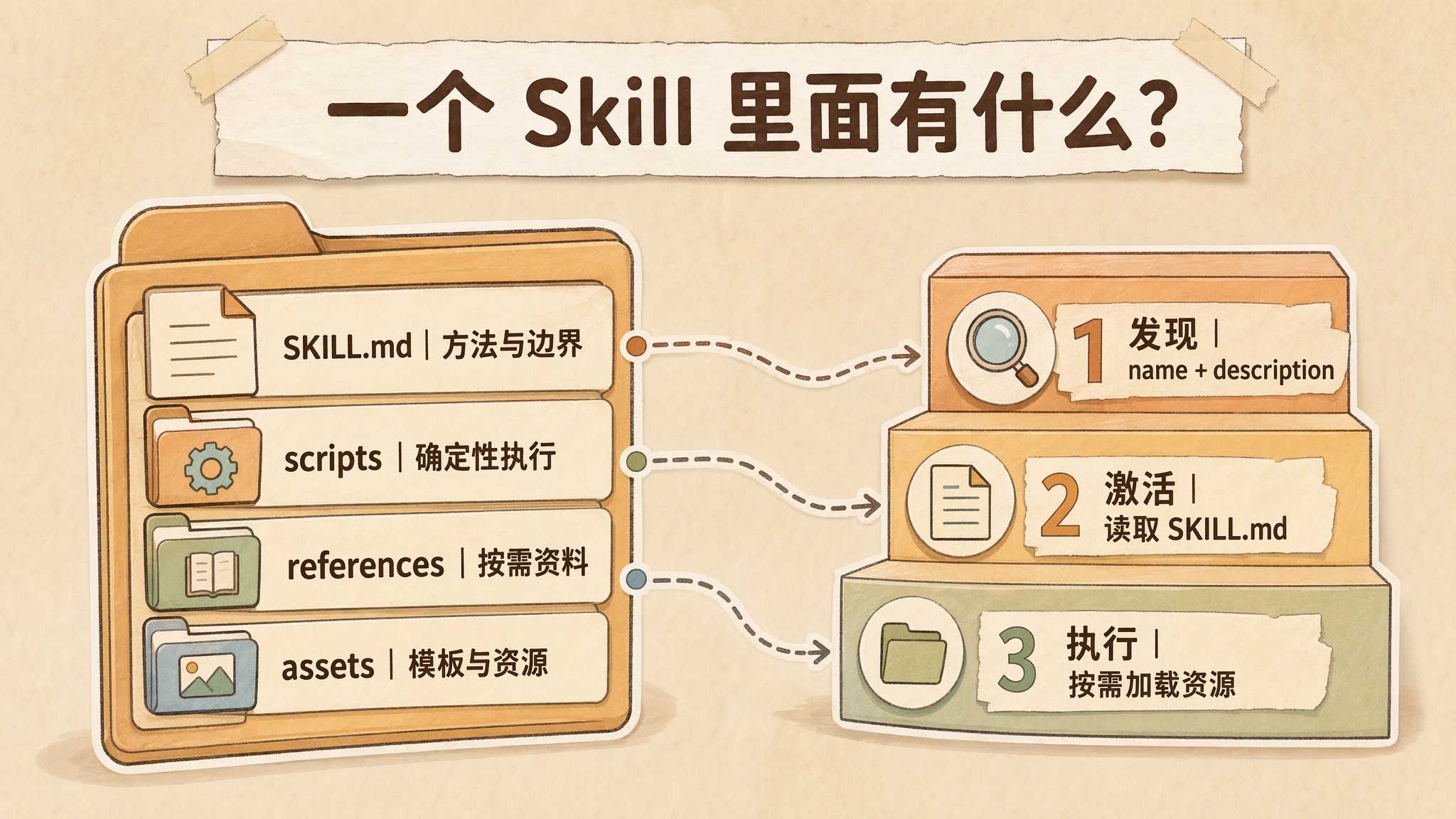 一个 Agent Skill 目录的组成:SKILL.md、脚本、参考资料与资产