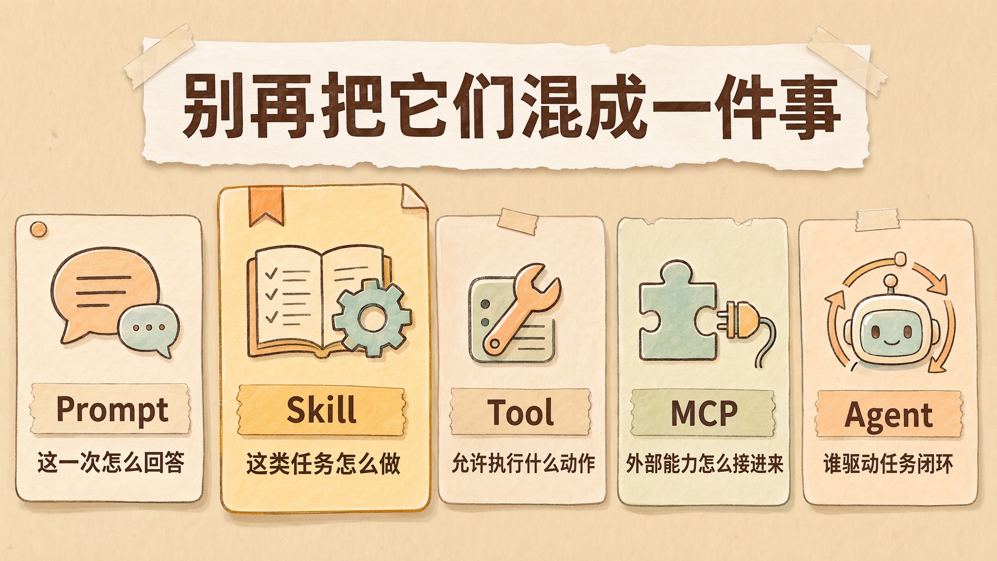 Prompt、Skill、Tool、MCP 和 Agent 的边界对照