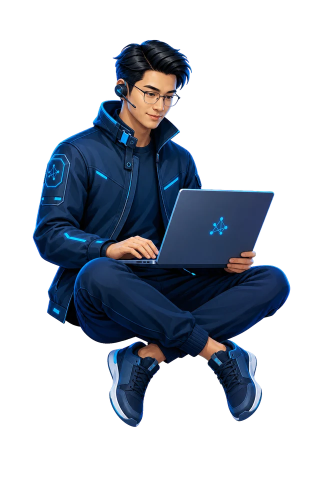 一位悬浮在空中使用电脑的 AI Agent 工程师